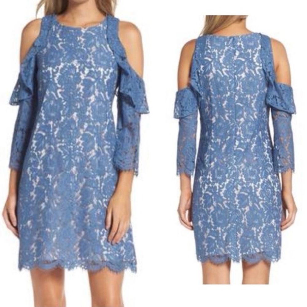 Eliza J Women’s Blue‎ Lace Overlay Cold-Shoulder Shift Mini Dress Sz 8